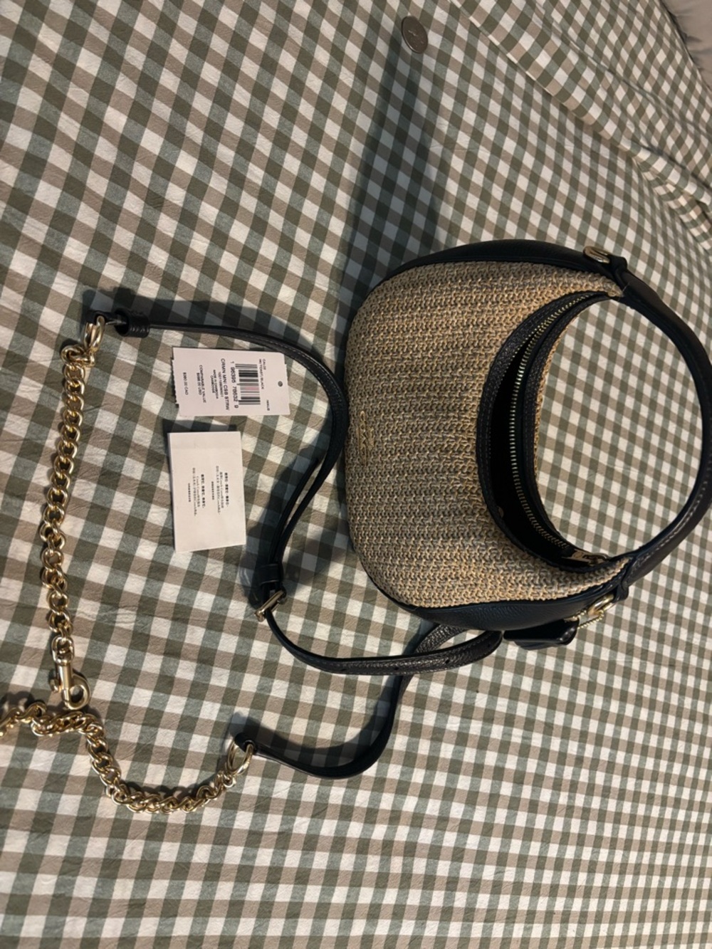 Coach Straw and Black Leather Crossbody Bag with Gold Chain